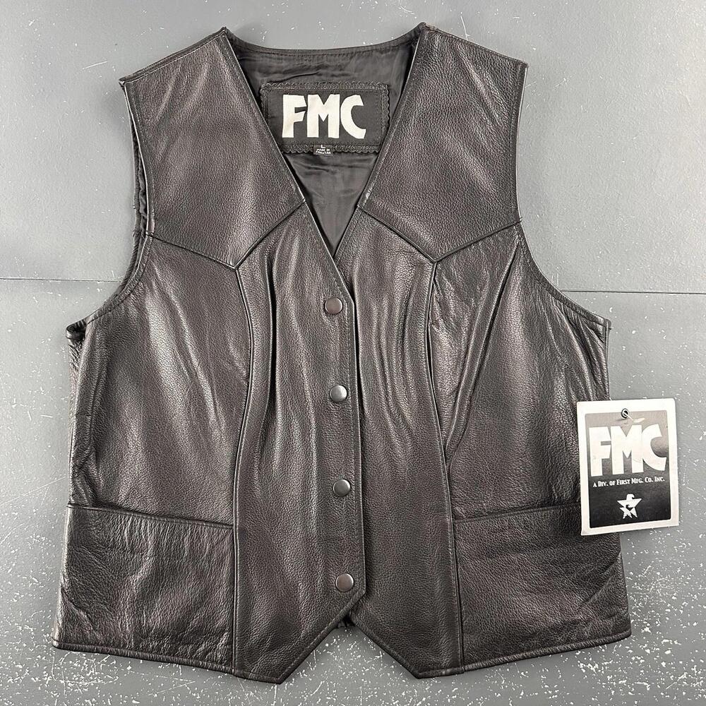 VTG FMC Leather Waist Coat Womens Large Black Snap Moto Biker Western NWT